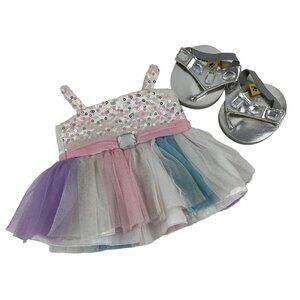 Build A Bear Clothes White Satin Dress Silver Sandals Pink Purple Tulle Sequins
